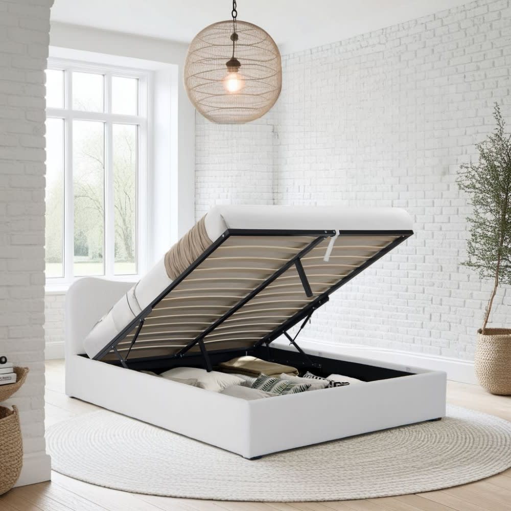 Lit coffre 2 places en tissu bouclette blanc 160x200