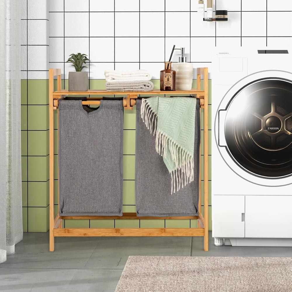 Panier à linge en bambou avec étagère de rangement — vue 3