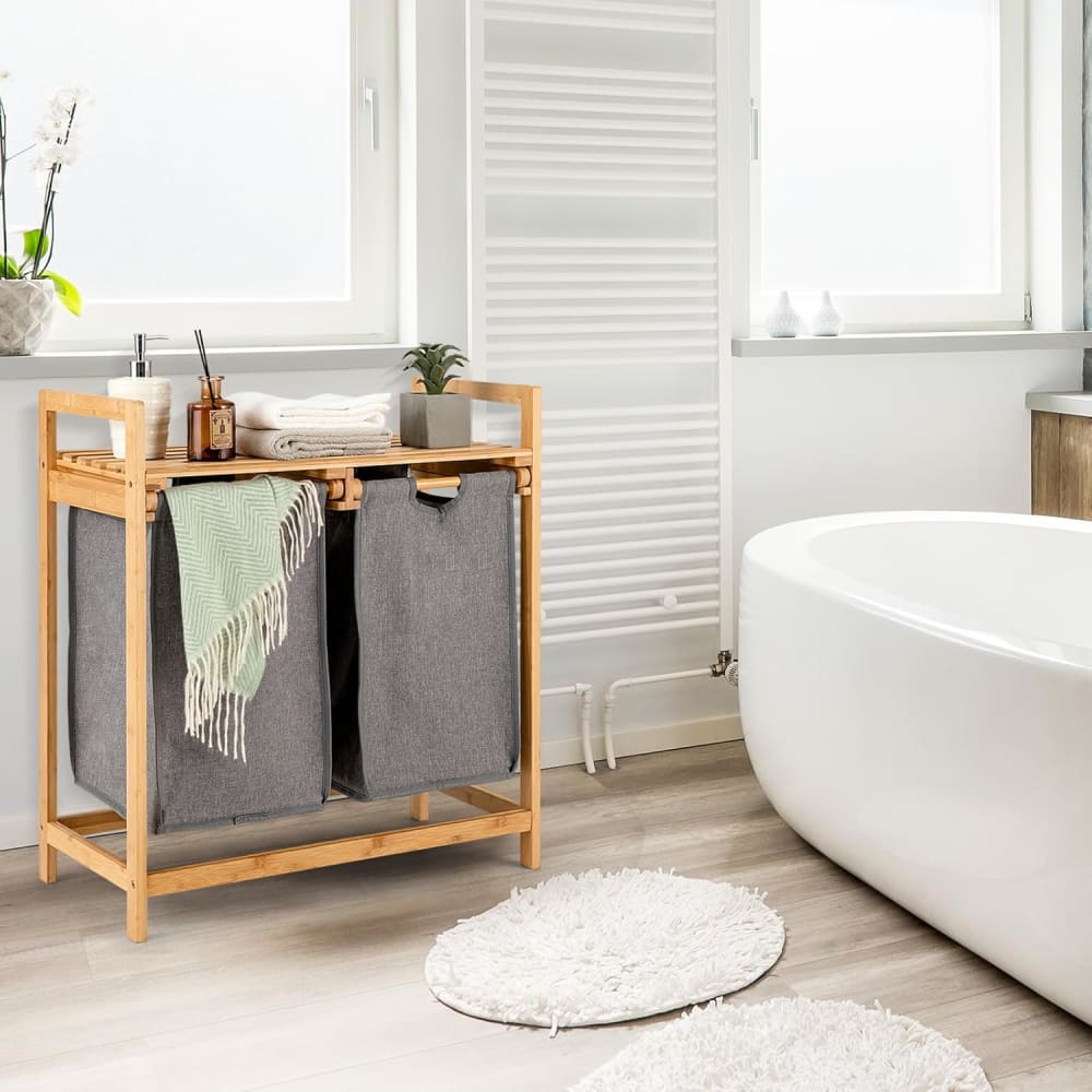 Panier à linge en bambou avec étagère de rangement — vue 4