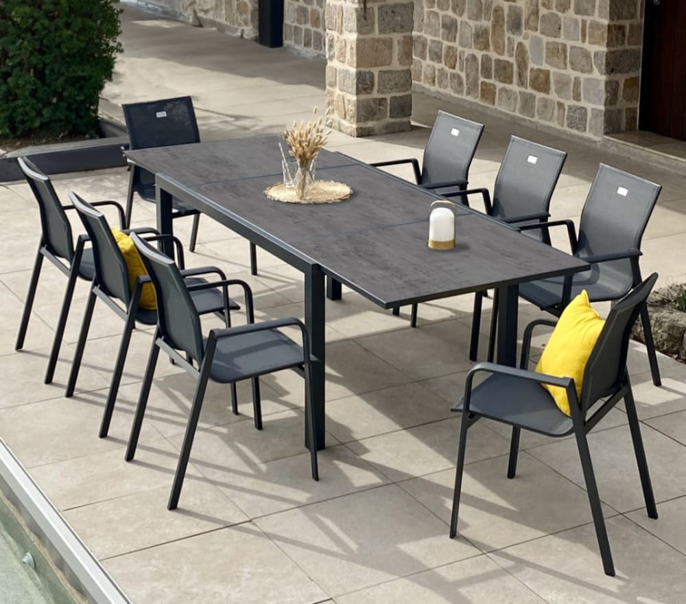 Ensemble table et 8 chaises de jardin en aluminium ardoise