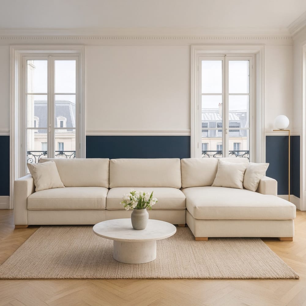 Canapé d'angle à droite convertible 5 places en tissu chenille beige