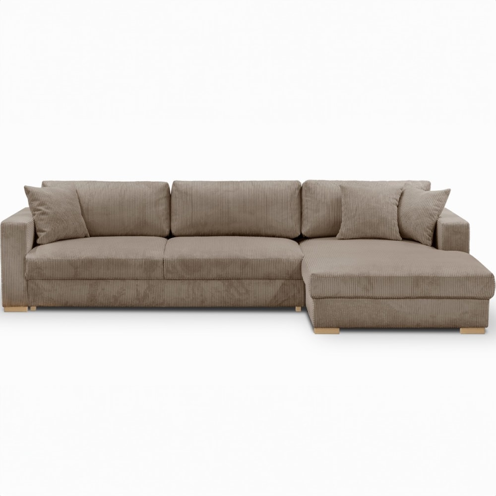 Canapé d'angle à droite convertible 5 places en velours côtelé taupe