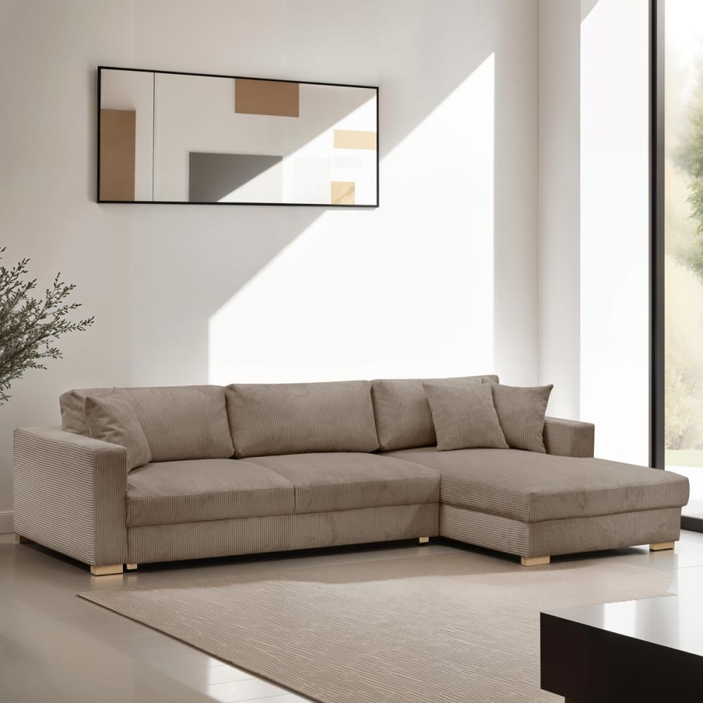 Canapé d'angle à droite convertible 5 places en velours côtelé taupe