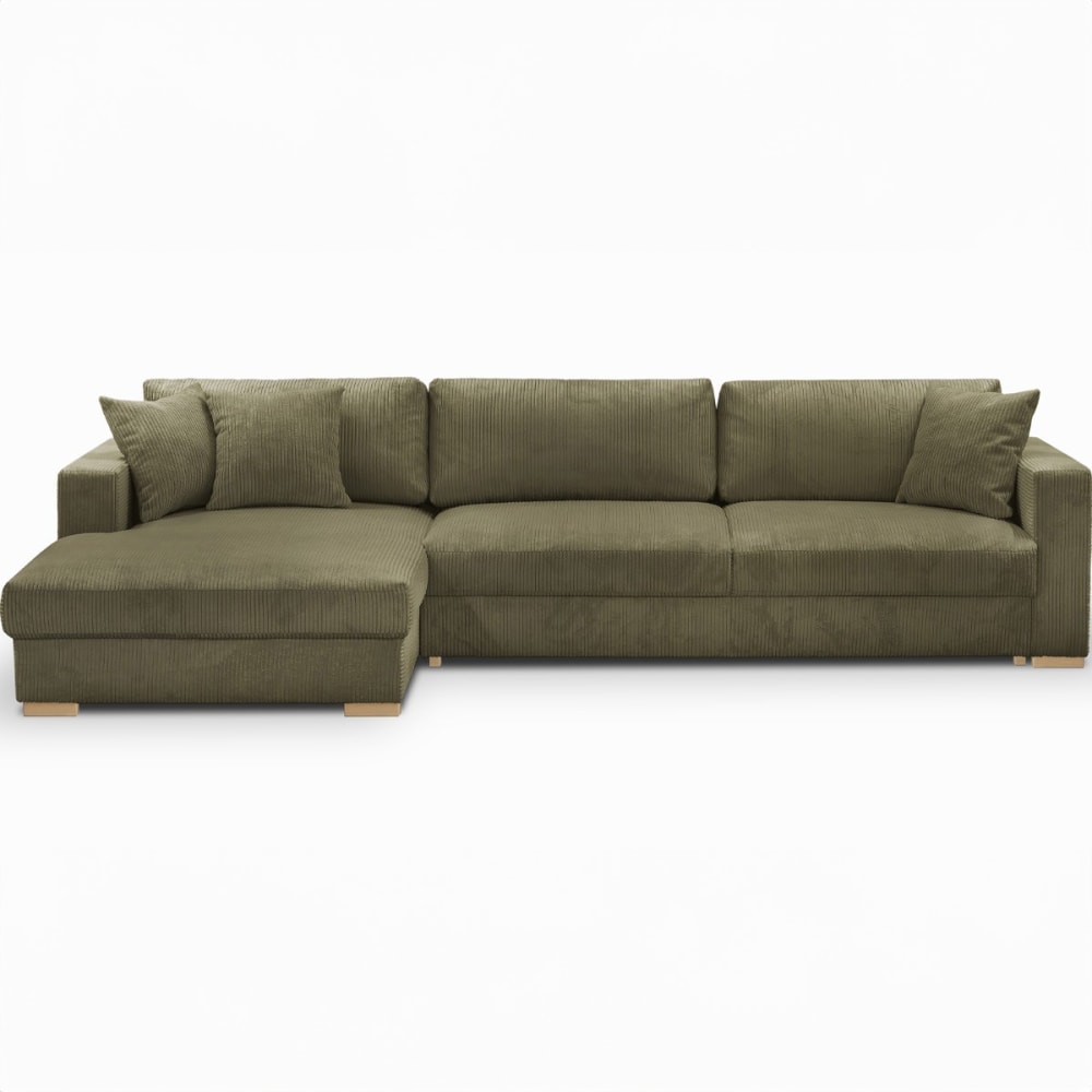Canapé d'angle à gauche convertible 5 places en velours côtelé vert