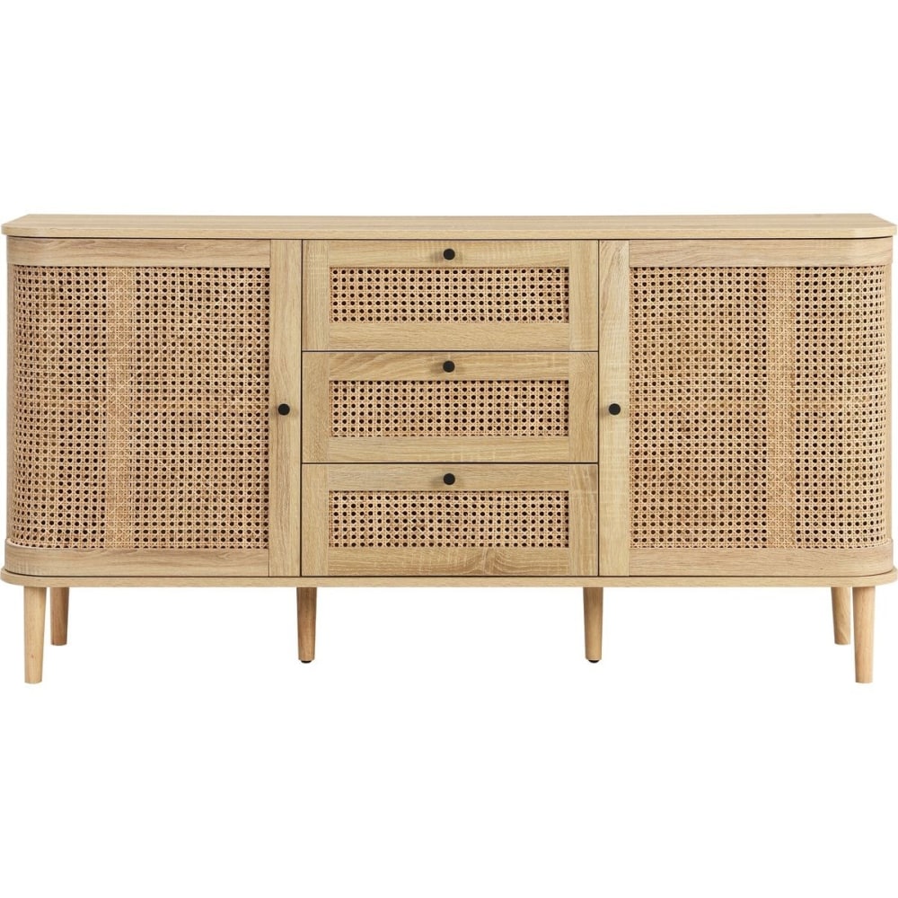 Buffet+2+portes+3+tiroirs+couleur+chene+et+cannage+150+cm