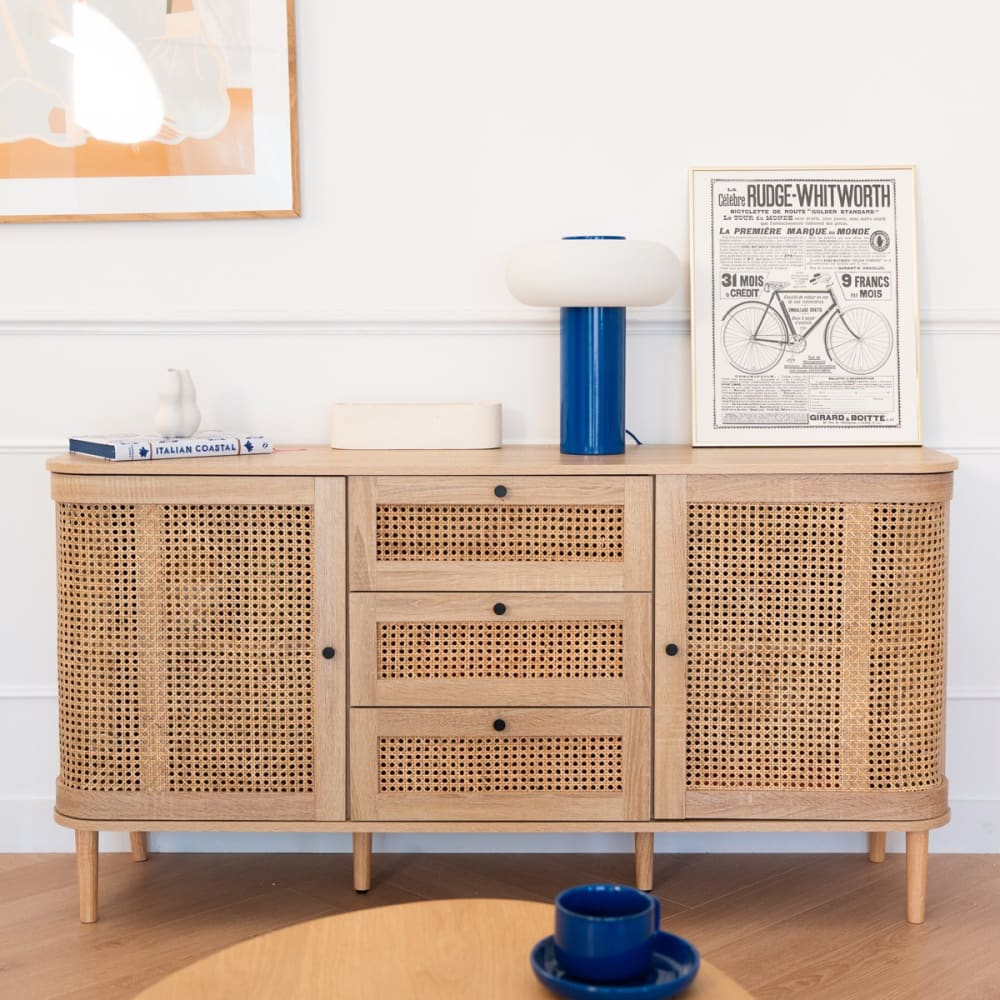 Buffet 2 portes 3 tiroirs couleur chêne et cannage 150 cm