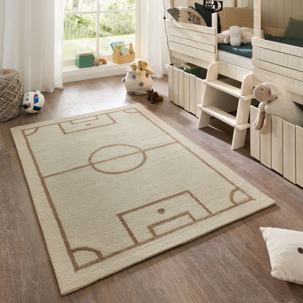 Kinderteppich handgetuftet - Fußball beige multicolor 120x180 cm