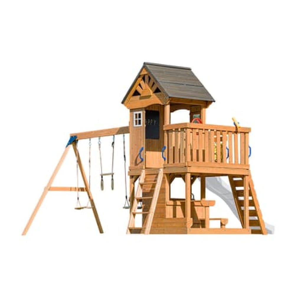 Spielturm aus Holz mit Doppelschaukel, Weiße Rutsche, Trapez -