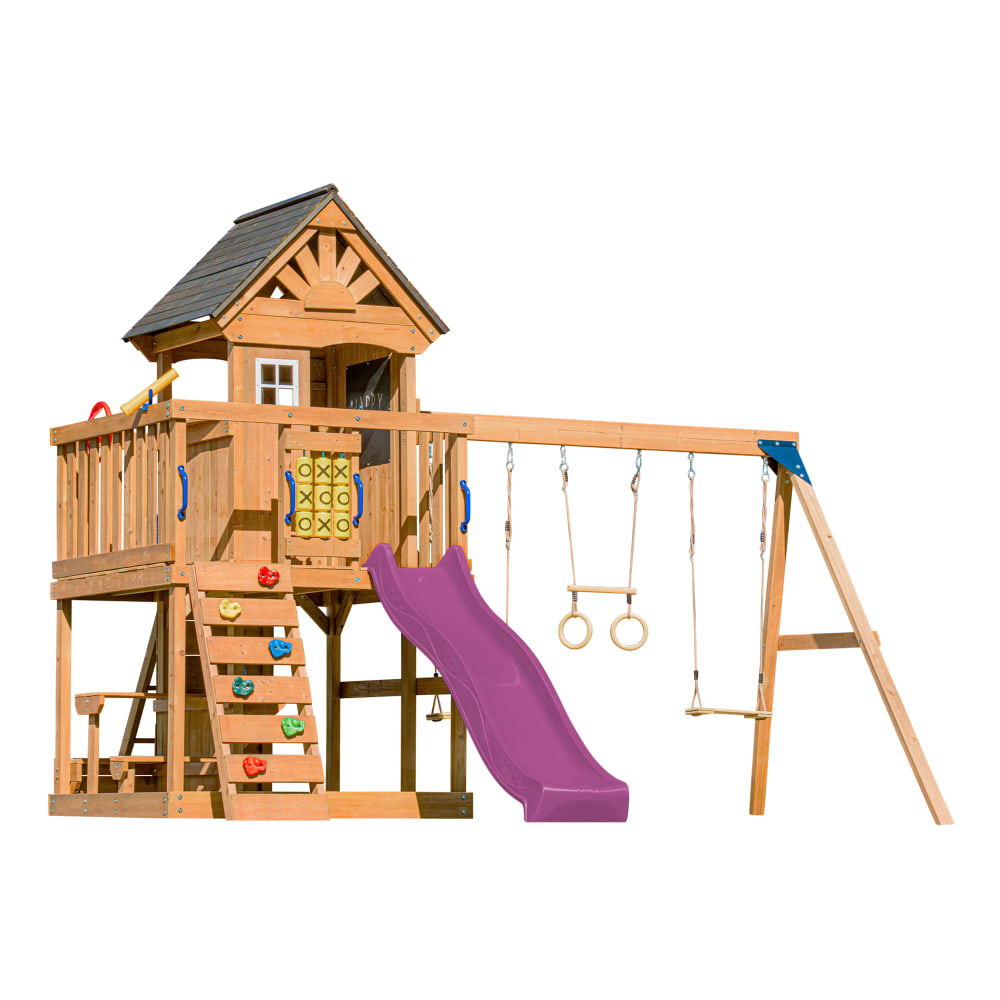 Aire de jeux avec balançoire double, toboggan violet, trapèze Aire de jeux avec balançoire double, toboggan violet, trapèze
