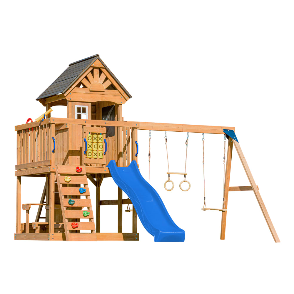 Axi Spielturm aus Holz mit Doppelschaukel, Blaue Rutsche, Trapez style modern Blau Holz