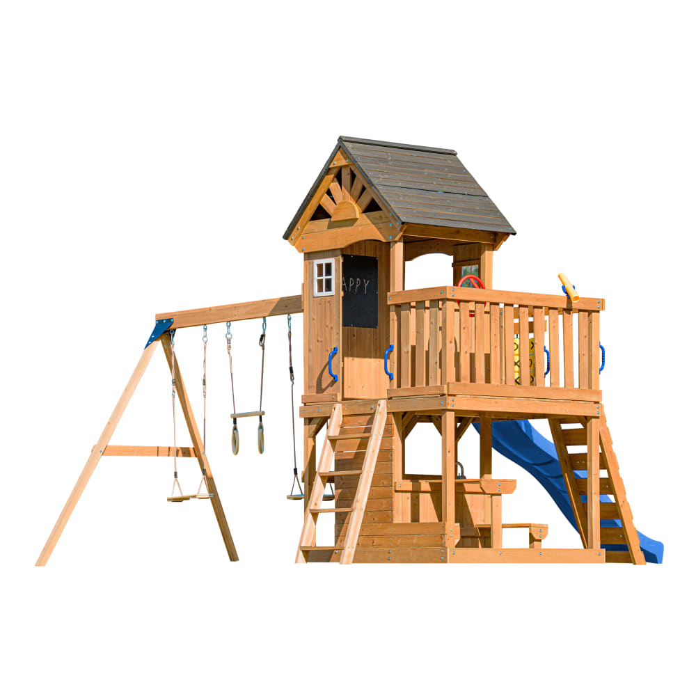Spielturm aus Holz mit Doppelschaukel, Blaue Rutsche, Trapez -