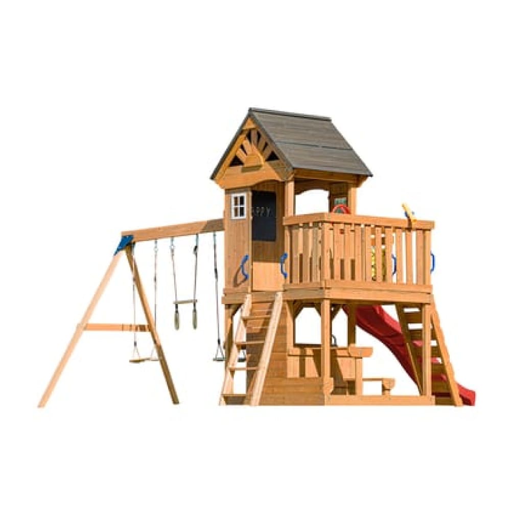 Spielturm aus Holz mit Doppelschaukel, Rote Rutsche, Trapez -