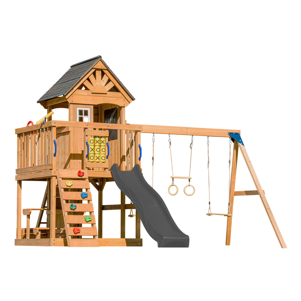 Aire de jeux avec balançoire double, toboggan gris, trapèze Aire de jeux avec balançoire double, toboggan gris, trapèze