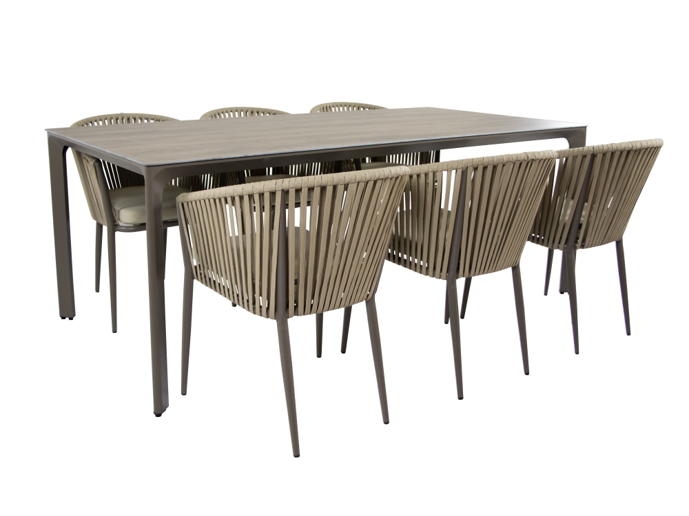 Salon de jardin 6 chaises, aluminium/fibres de verre, aspect bois
