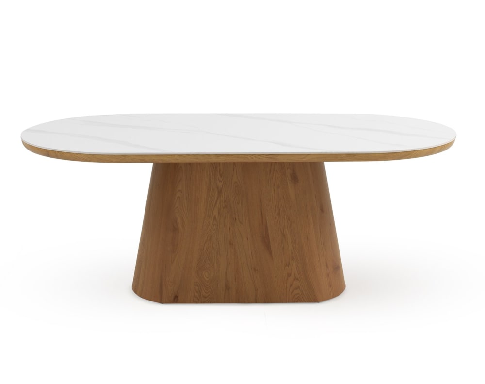 GEESE HOME Ovaler Esstisch aus Eichenfurnier mit weißer Calacatta-Keramikplatte Braun Holz