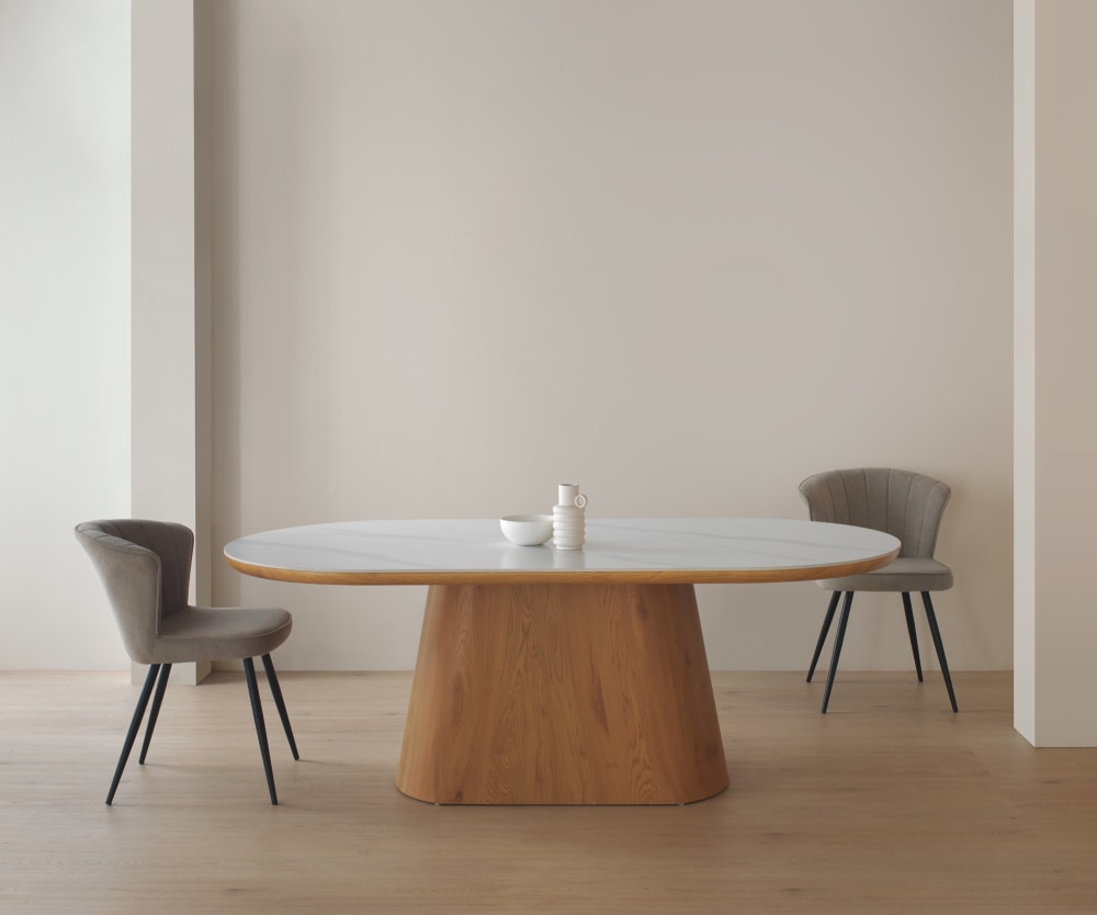 Table de salle à manger placage de chêne et plateau en céramique blanc