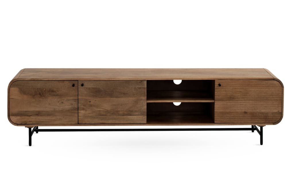 Meuble TV 3 portes en manguier massif aux lignes courbes