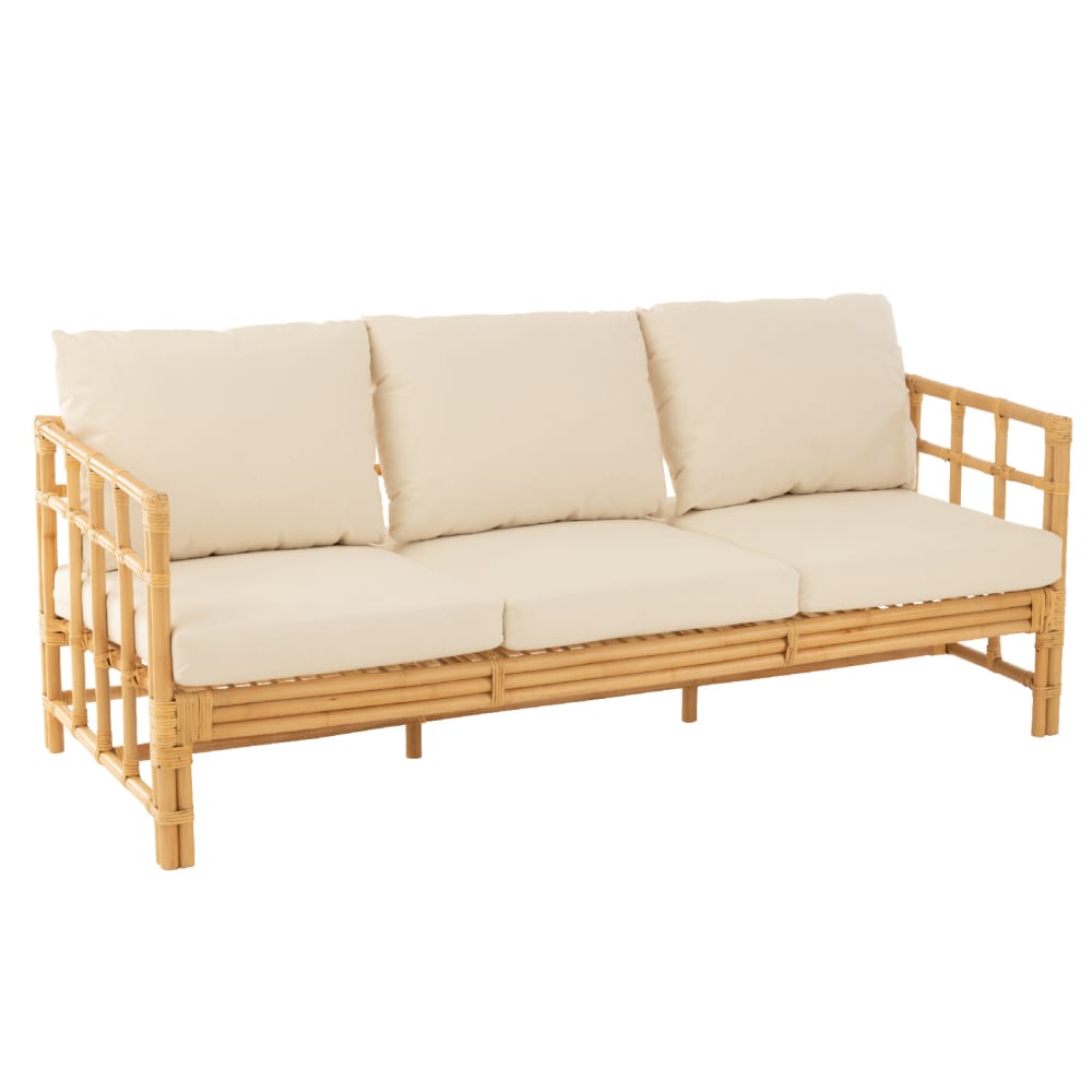 Canapé trois places en rotin avec coussins coton/lin/polyester/rotin