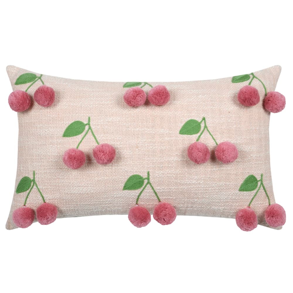 Coussin avec cerises en relief pompons coton beige 30x50 cm