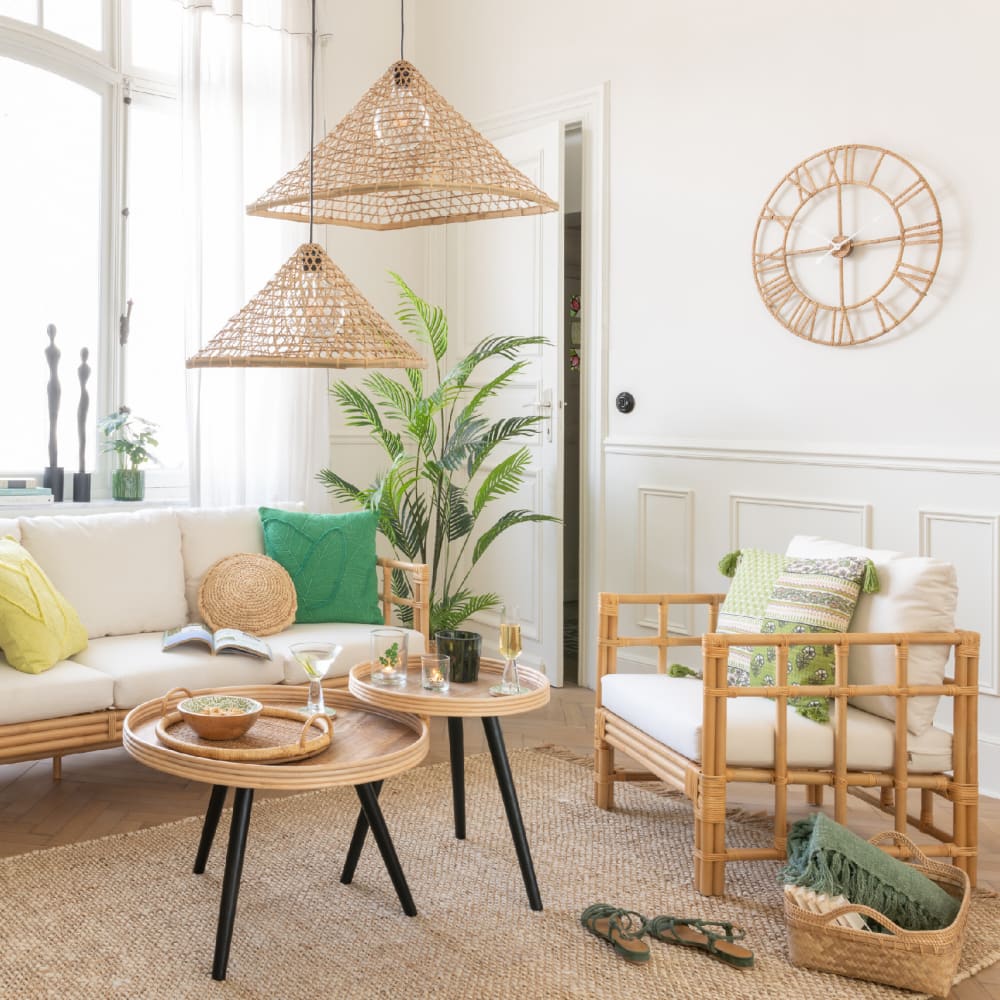 Fauteuil en rotin avec coussins coton/lin/polyester/rotin naturel 67 x