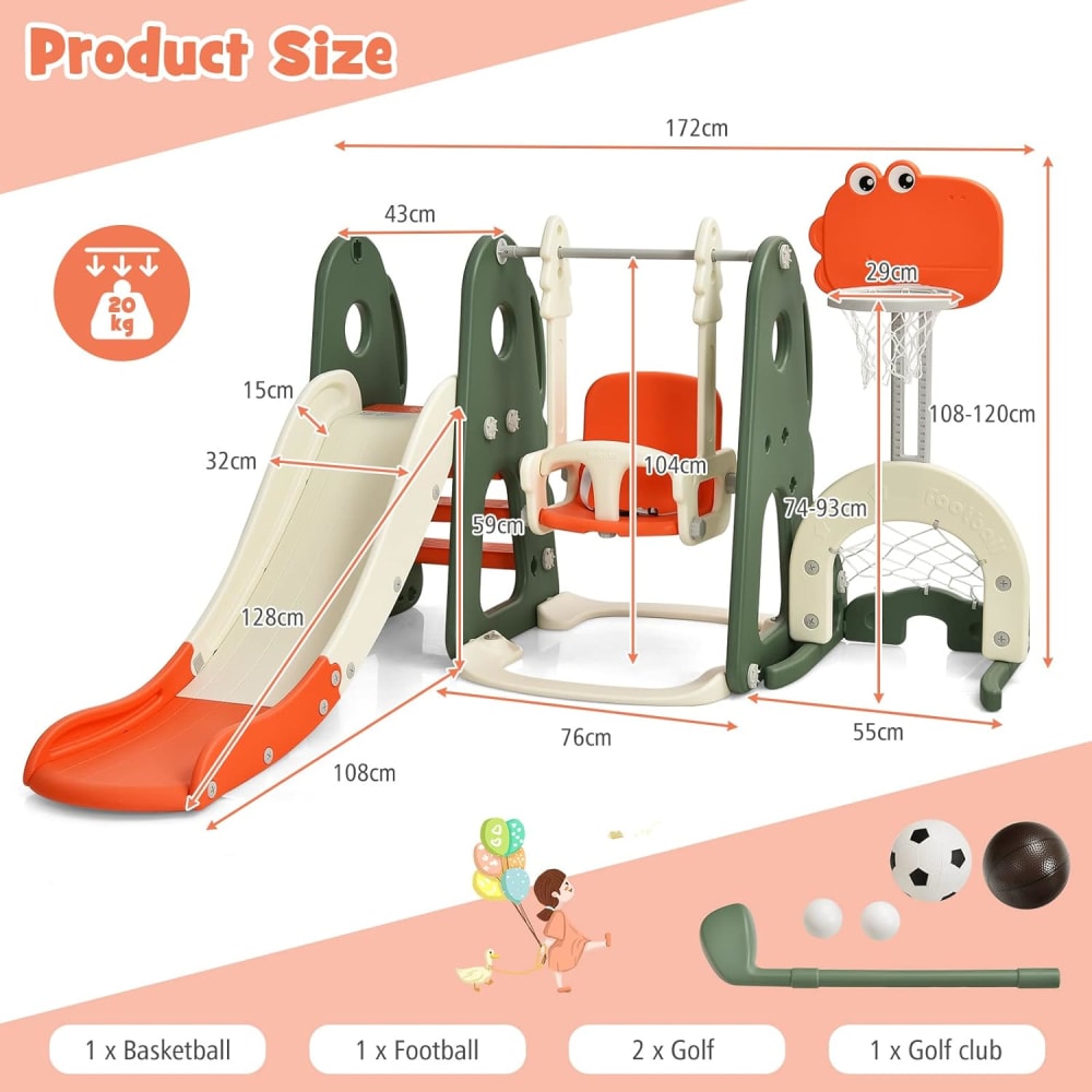 Toboggan et balançoire dinosaure 6 en 1 réglables orange (Giantex) - Image 2