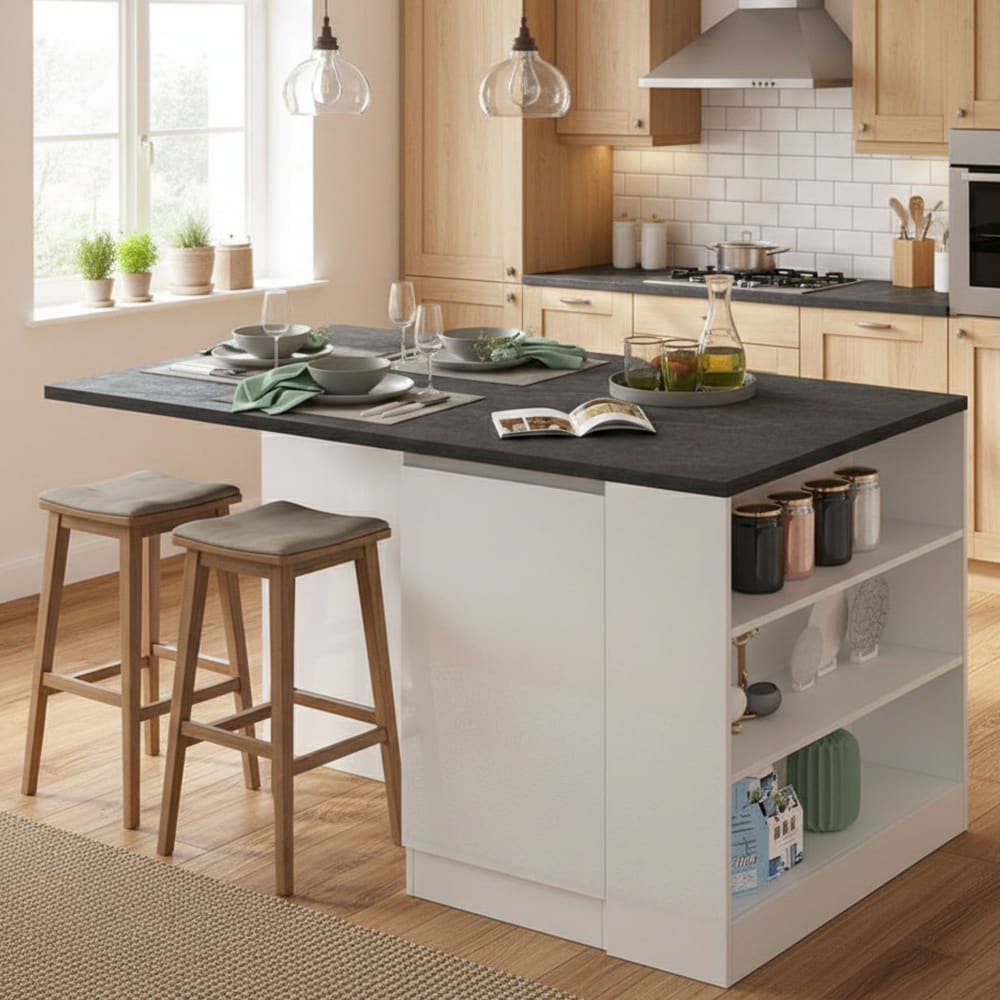Îlot de cuisine effet bois blanc brillant, ardoise 160x90h90 cm