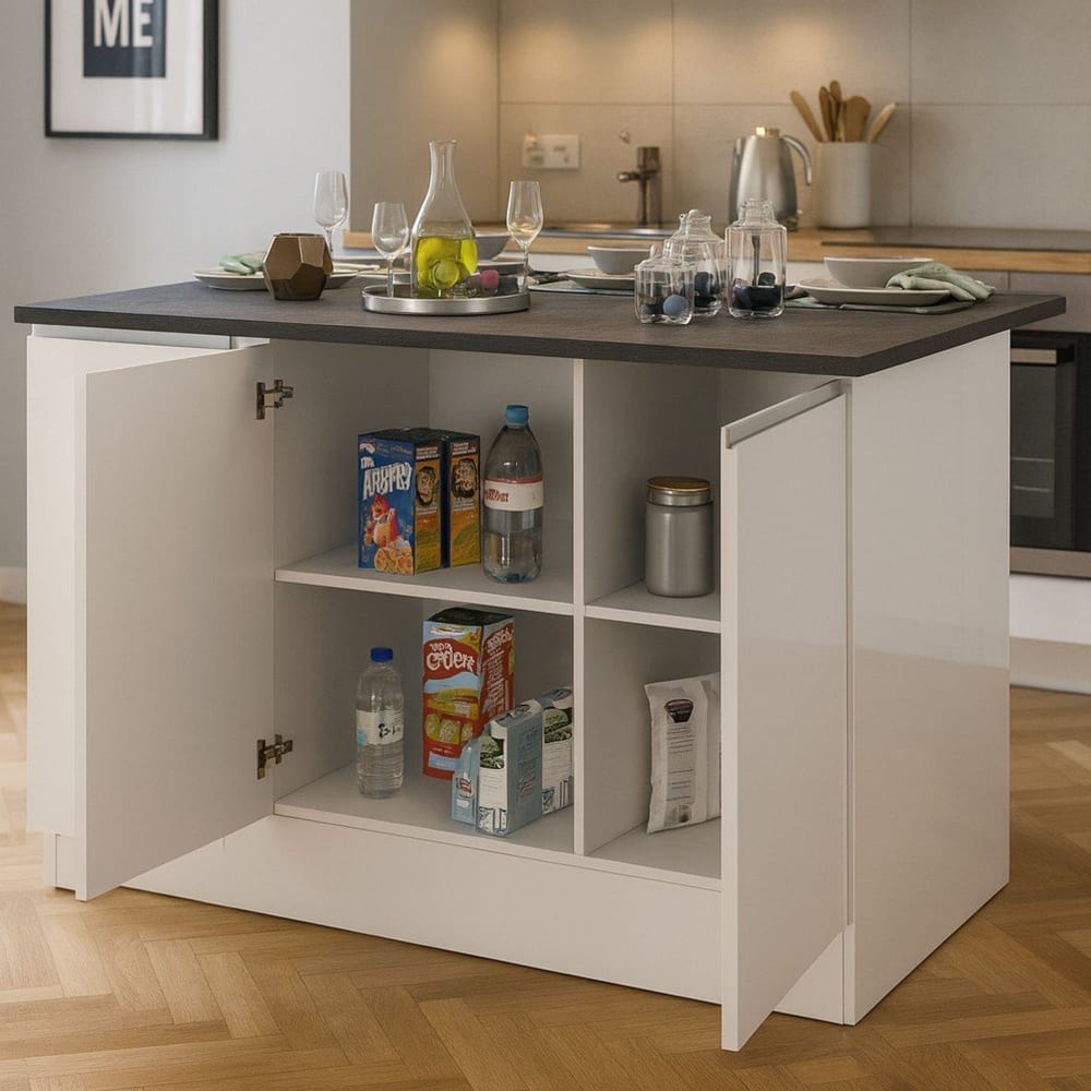 Îlot de cuisine effet bois blanc brillant, ardoise 155x90h90 cm