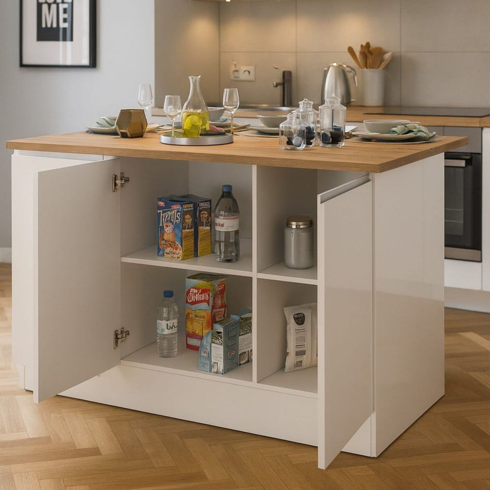 Îlot de cuisine effet bois blanc brillant, chêne clair 155x90h90 cm