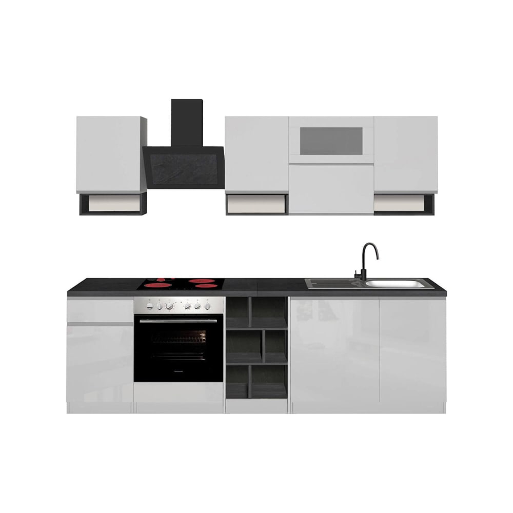 Cuisine complète effet bois blanc brillant, ardoise 255x60h85 cm