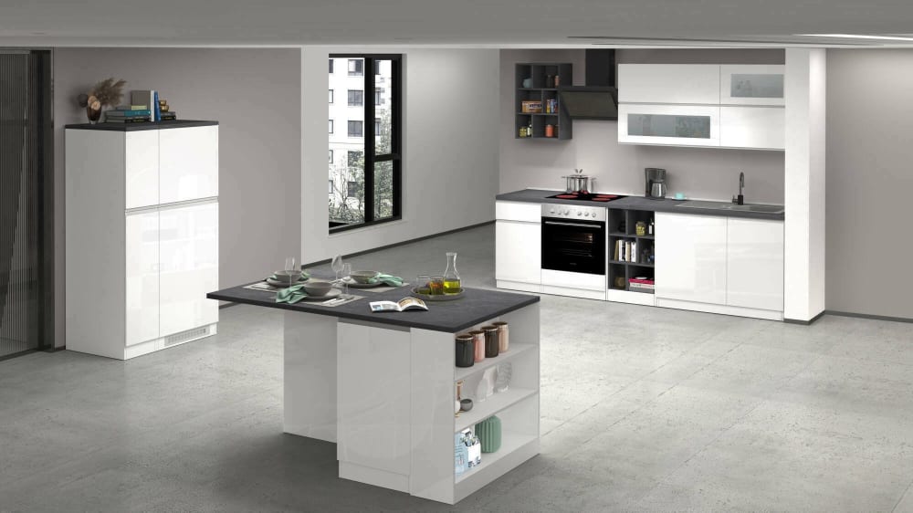 Cuisine complète effet bois blanc brillant, ardoise 255x60h85 cm