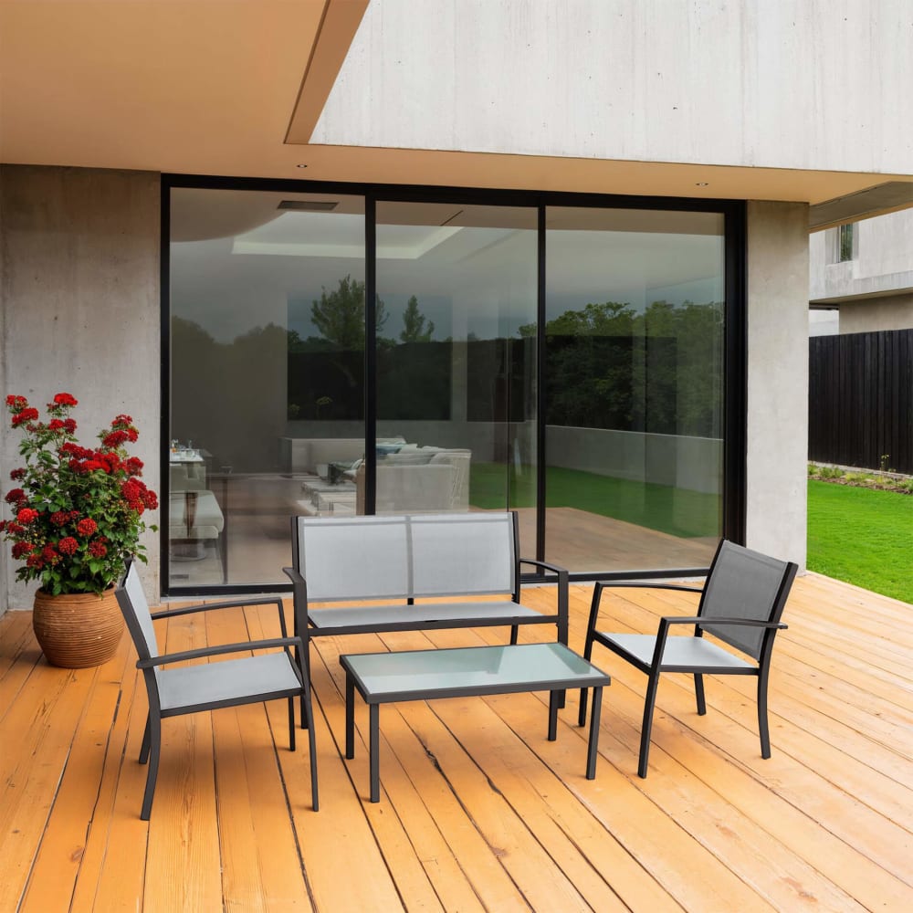 Salon de jardin 4 places en acier et polyester gris clair