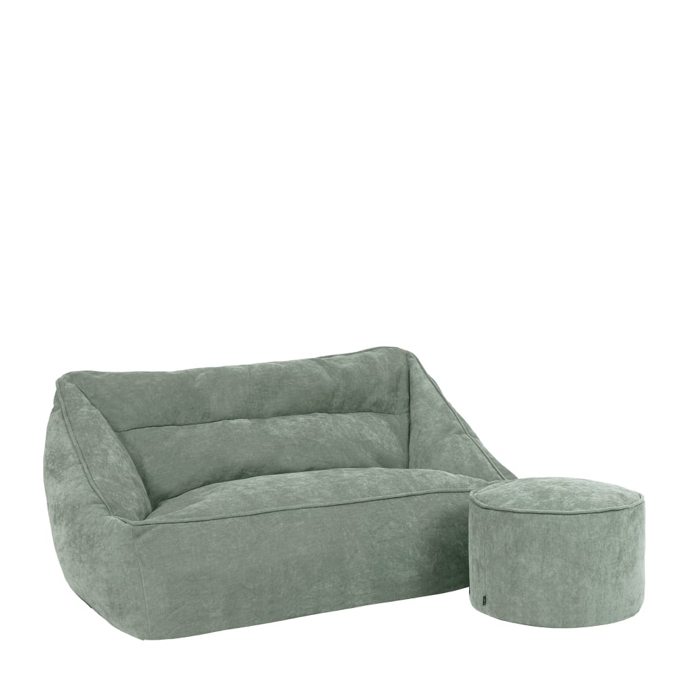 Ensemble 2 poufs en chenille: canapé, et repose-pieds rond, vert sauge