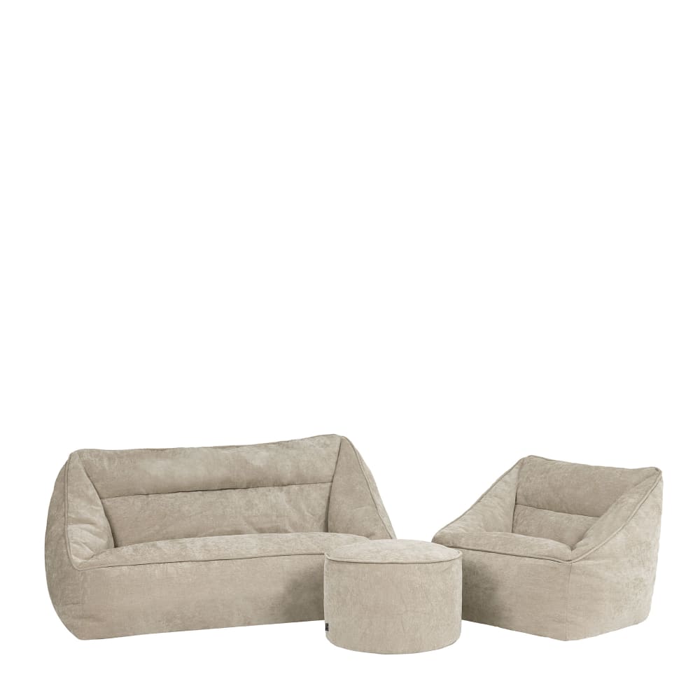Lot 3 poufs en chenille: canapé, fauteuil et repose-pieds rond, beige