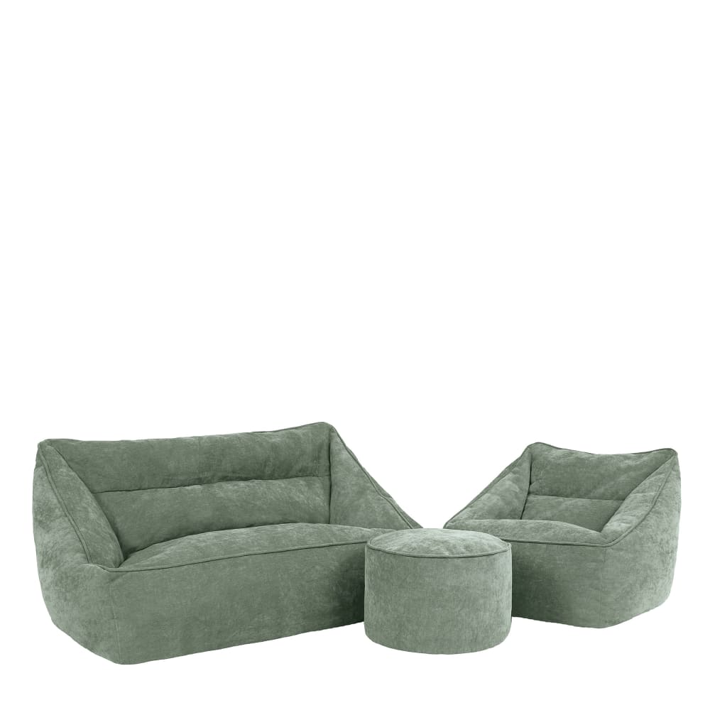 Lot 3 poufs chenille: canapé, fauteuil, repose-pieds rond, vert sauge