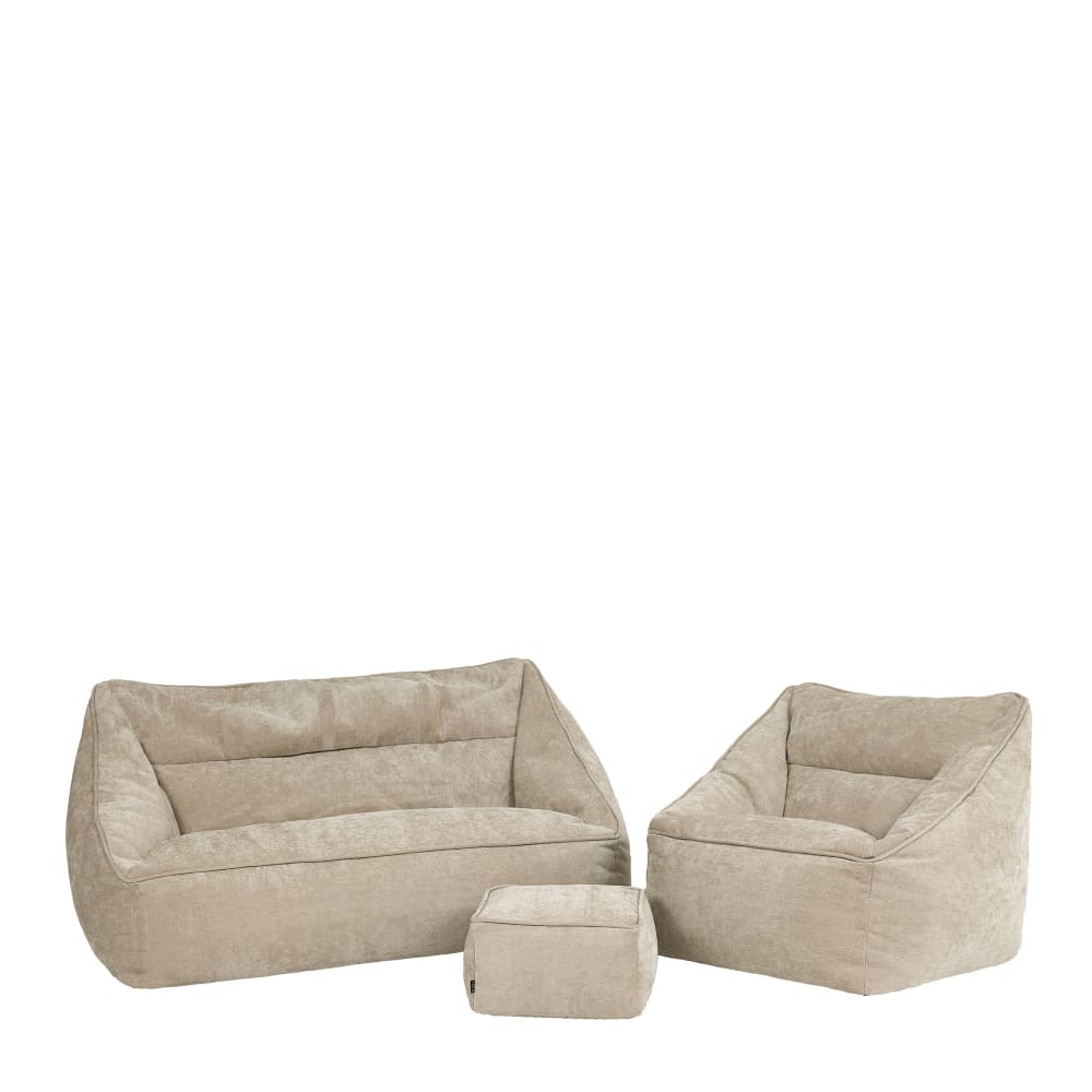 Lot 3 poufs chenille: canapé, fauteuil et repose-pieds carré, beige