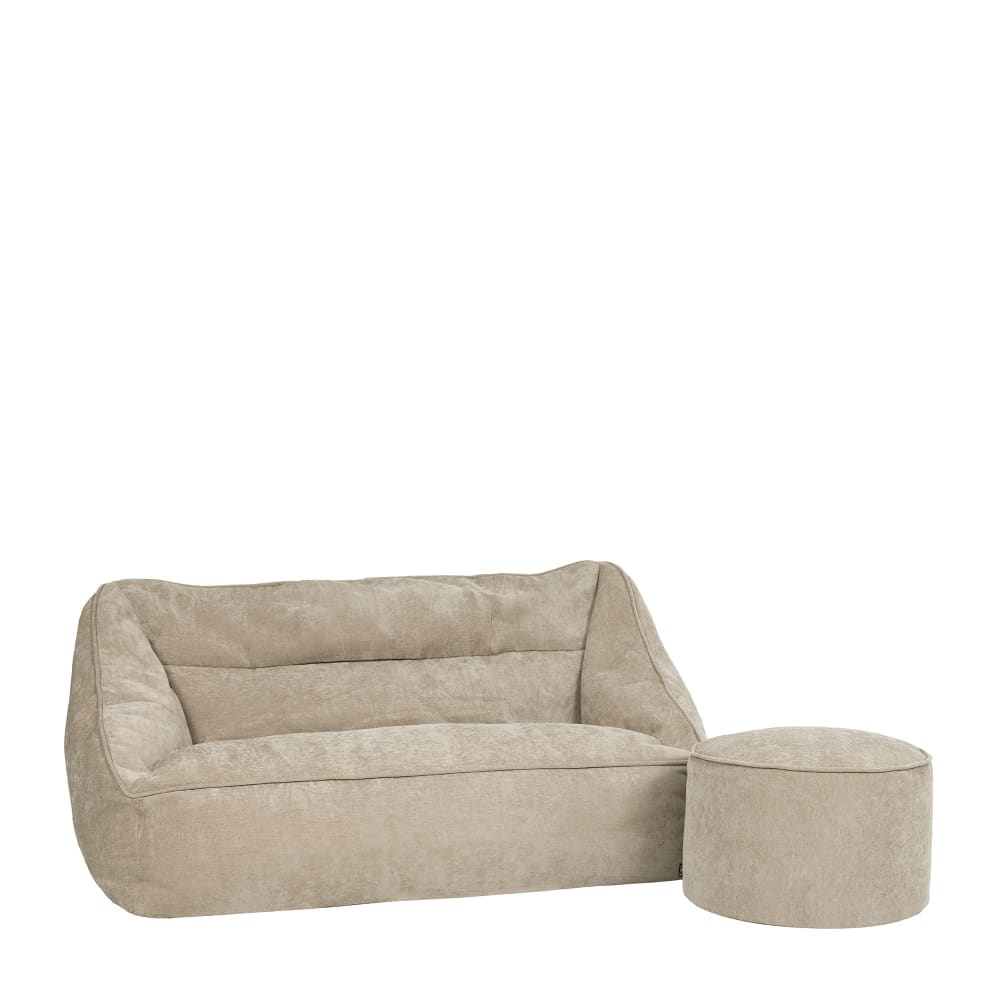 Ensemble 2 poufs en chenille: canapé, et repose-pieds rond, beige