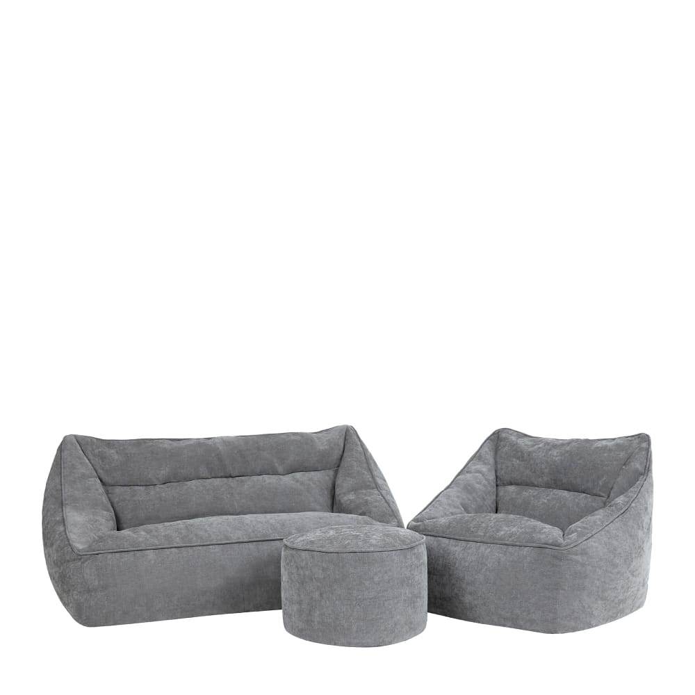 Ensemble 3 poufs chenille: canapé, fauteuil et repose-pieds rond, gris