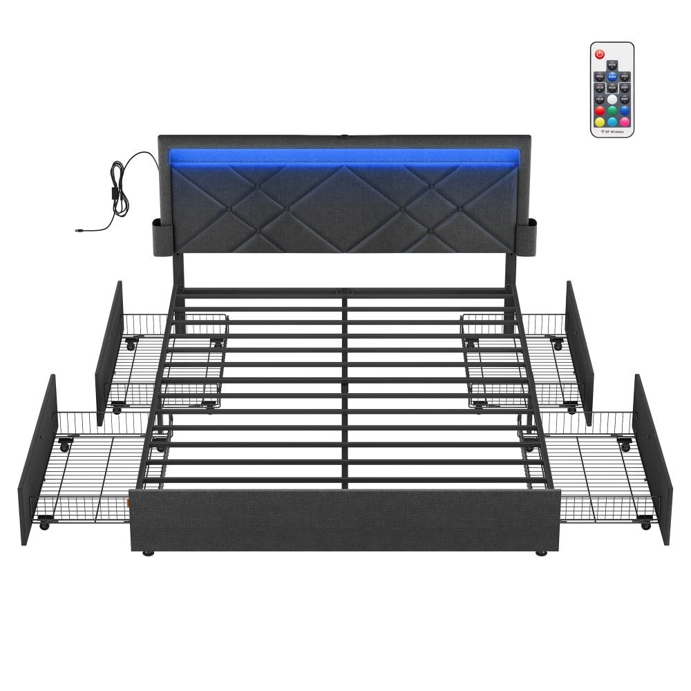 Cadre de lit 160 x 200 cm 4 tiroirs multiprise gris ardoise et noir