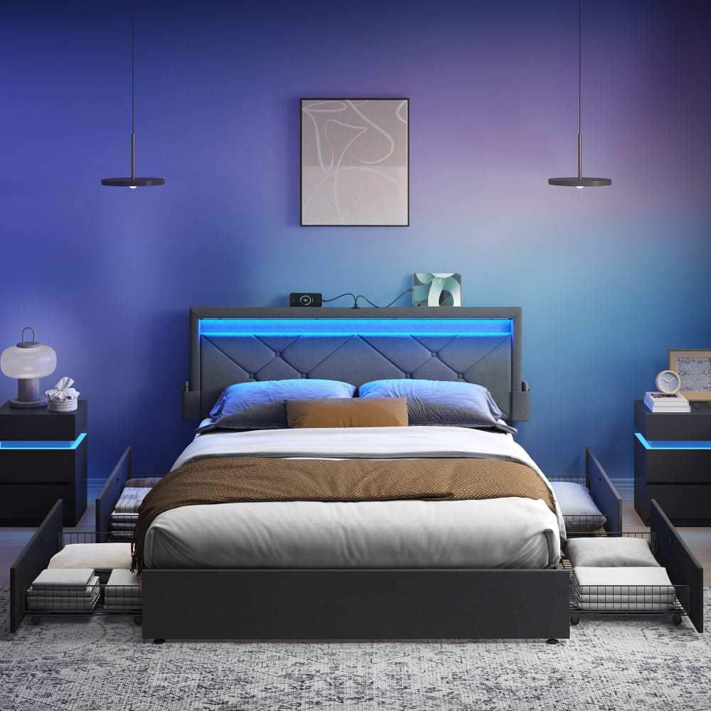 Cadre de lit 160 x 200 cm 4 tiroirs multiprise gris ardoise et noir