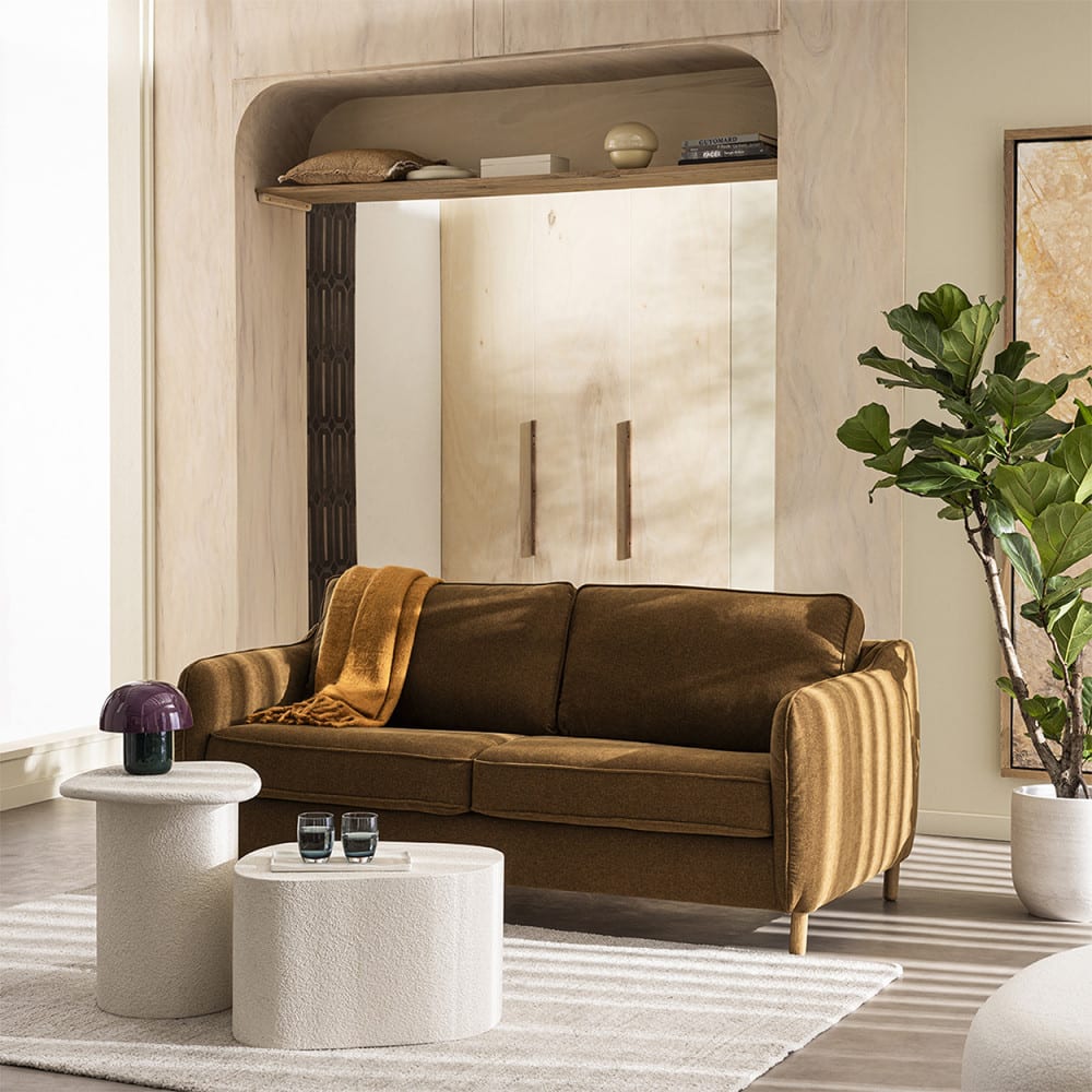 Canapé convertible express 3 places en tissu pieds bois foncé - Bronze