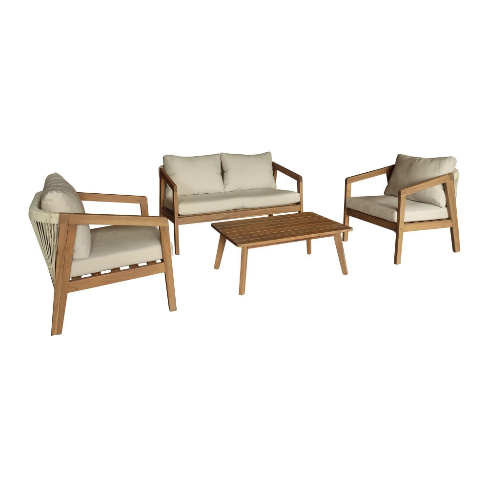 Salon de jardin 4 places en bois d'acacia et coussins beige