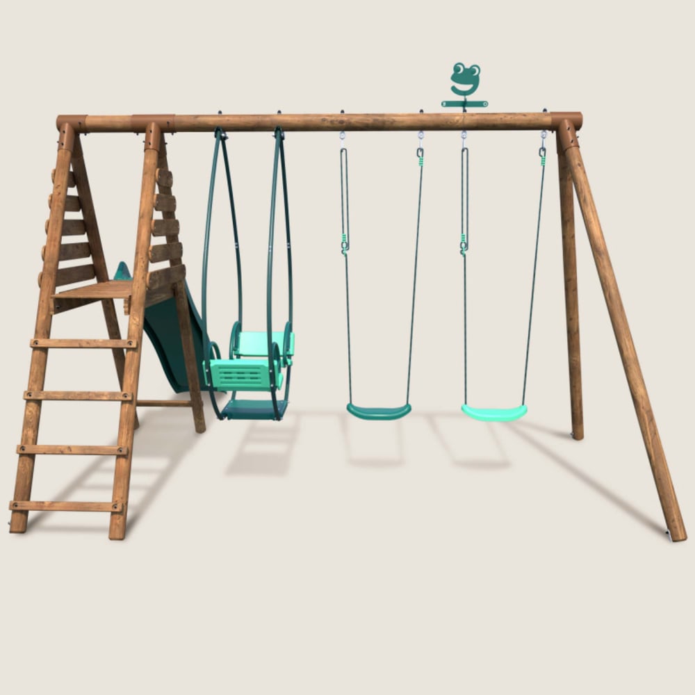 Balançoire en bois traité 3 agrès et toboggan