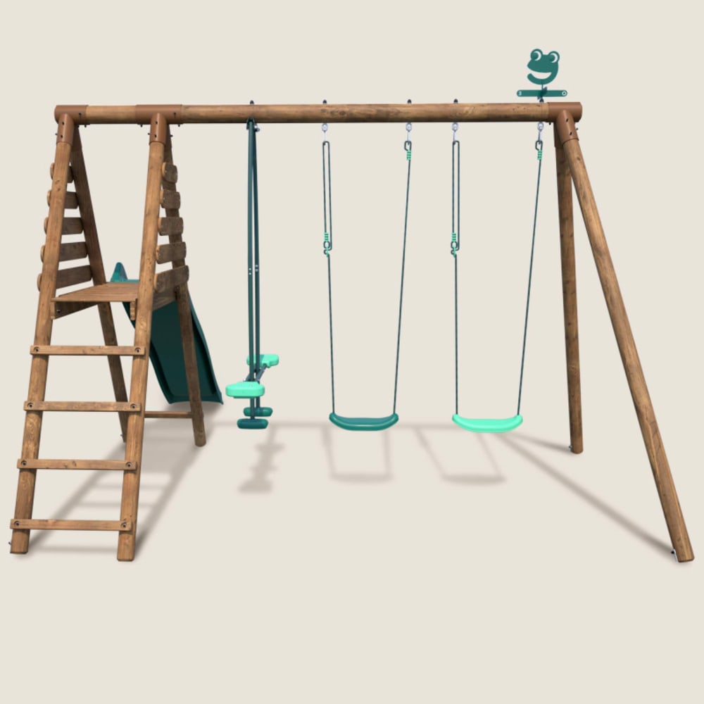 Balançoire en bois traité 3 agrès et toboggan