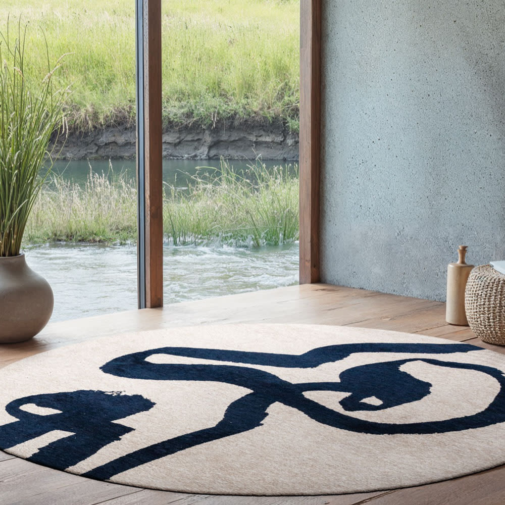 Louis de Poortere RIBBON - Teppich waschbar In-/Outdoor Blau 140x140 Weiß Pes - Polyester