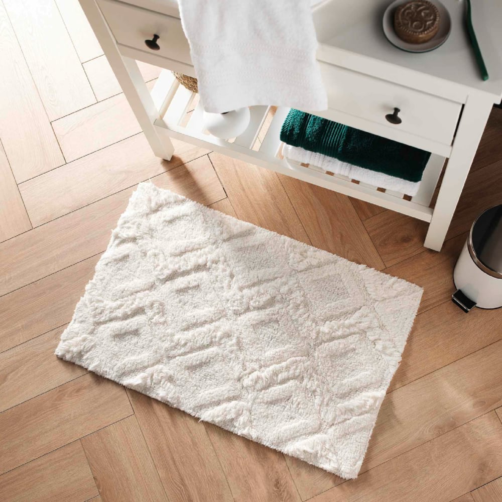 Tapis de bain ikatis uni avec reliefs coton blanc 50x80 cm