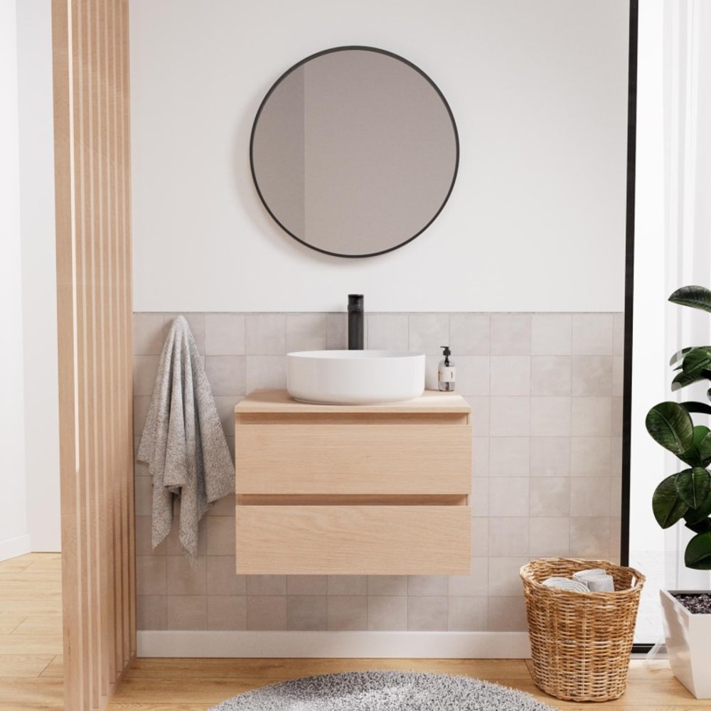 Mob In Einzelwaschtisch-Unterschrank 60 cm + Waschbecken + Armatur + Spiegel Braun Spanplatte