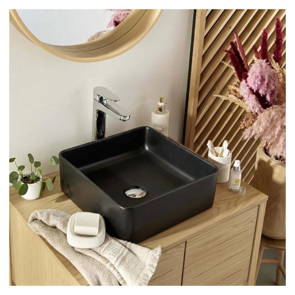 Vasque à poser carrée en céramique noire 36,5cm