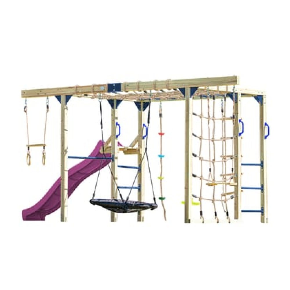 Aire de jeux en bois marron avec toboggan violet