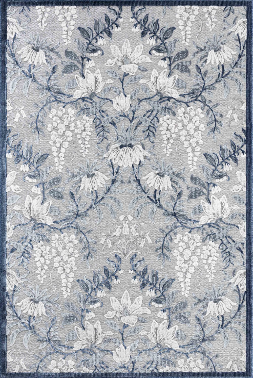 Tapis intérieur extérieur motif en relief fleurs bleu 266x380 cm