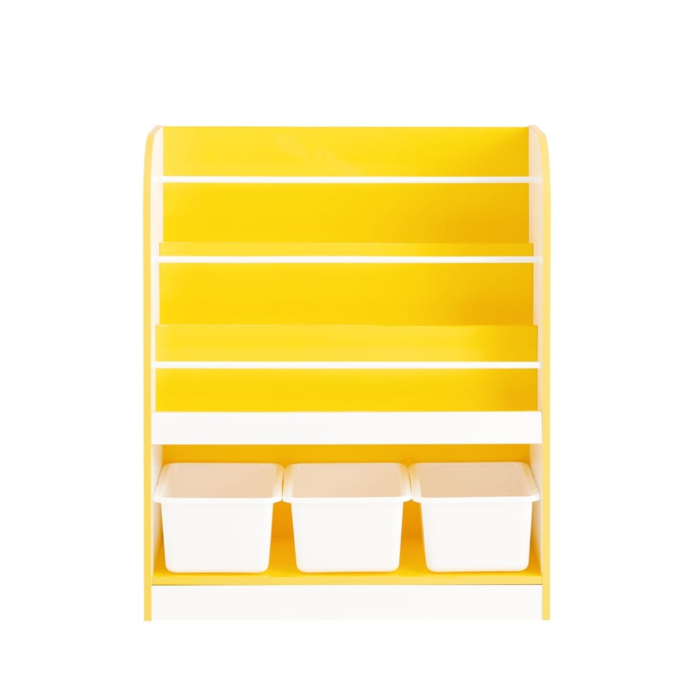 Bibliothèque enfant avec 3 compartiments et 3 boîtes effet bois blanc